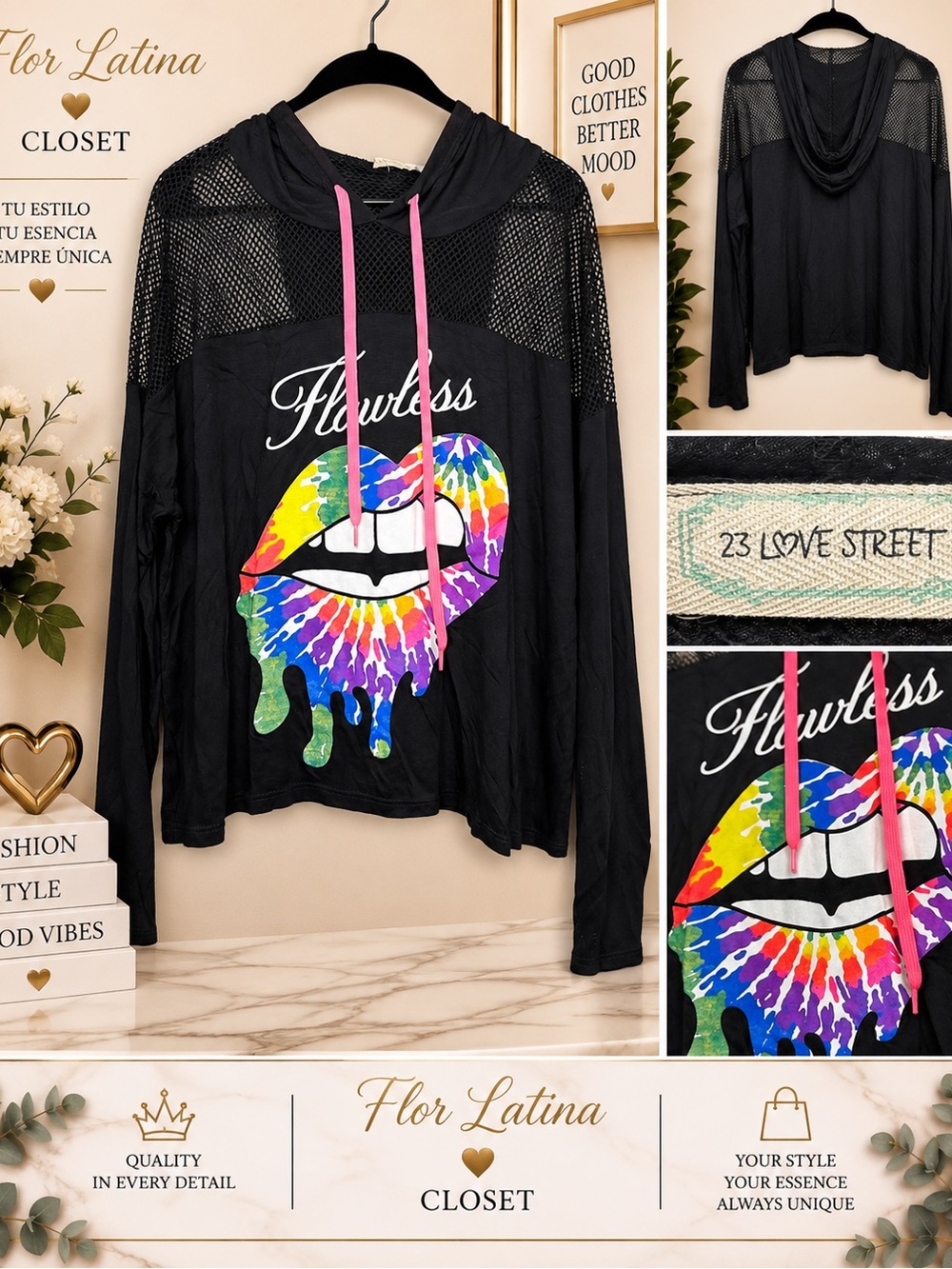 23 Love Street Black Mesh Hoodie Top – Colorful Lips Graphic